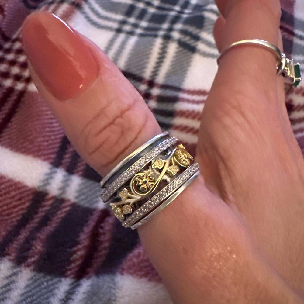 Handmade, Unique, & Hypoallergenic 925 Sterling Silver and 14K Yellow Gold Mixed Metal Anxiety Floral Spinner Ring Two Tone Meditation Ring