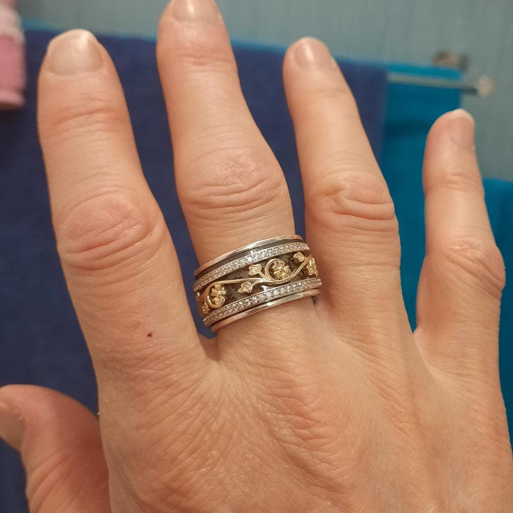 Handmade, Unique, & Hypoallergenic 925 Sterling Silver and 14K Yellow Gold Mixed Metal Anxiety Floral Spinner Ring Two Tone Meditation Ring