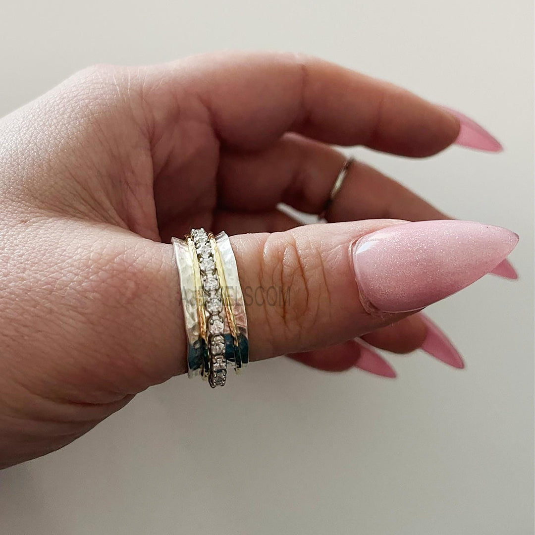 Hammered Ring, Solid 925 Sterling Silver Ring, Designer Spinner Ring, Bohemian Ring, Handmade Two Tone Ring, New Ring, Spinner Rings