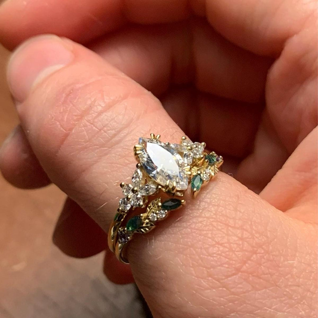 Marquise cut Moissanite Engagement ring set Vintage moss agate wedding band Rose gold Cluster shank Unique leaf Bridal set Anniversary gifts