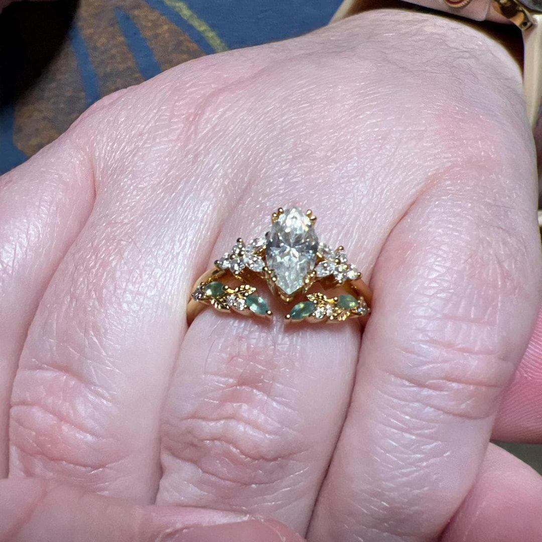 Marquise cut Moissanite Engagement ring set Vintage moss agate wedding band Rose gold Cluster shank Unique leaf Bridal set Anniversary gifts