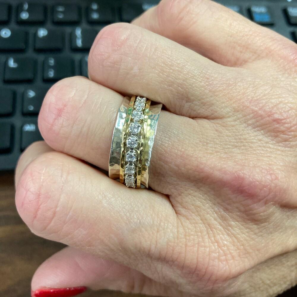 Hammered Ring, Solid 925 Sterling Silver Ring, Designer Spinner Ring, Bohemian Ring, Handmade Two Tone Ring, New Ring, Spinner Rings