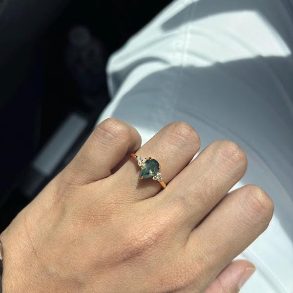 Moss Agate Gold Ring, Sterling silver & Gold Pear Moss Agate Vintage Ring, Promise Engagement Ring, Anniversary Birthday Gifts for Her