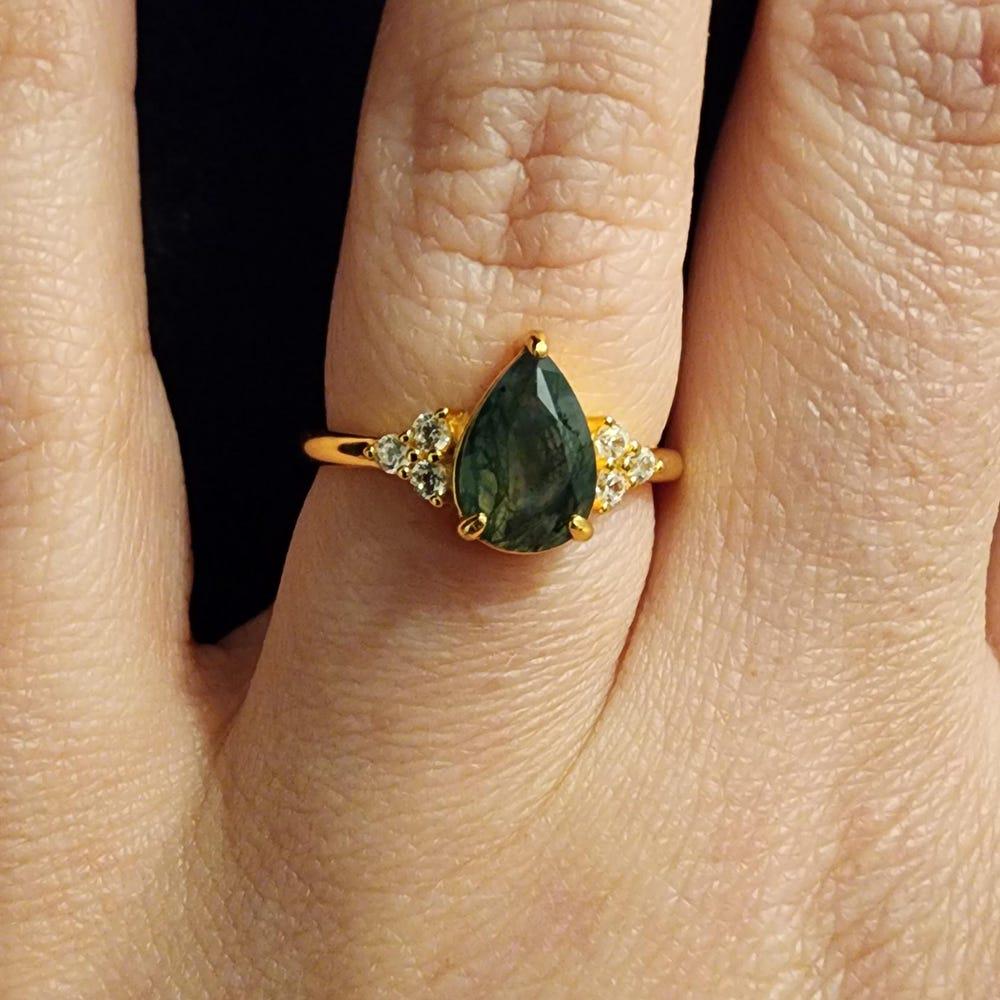 Moss Agate Gold Ring, Sterling silver & Gold Pear Moss Agate Vintage Ring, Promise Engagement Ring, Anniversary Birthday Gifts for Her