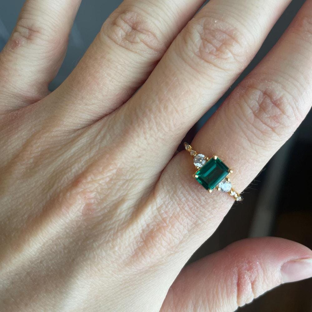 Genuine Emerald Gold Ring, 14K Gold Vermeil Lab Emerald Engagement Ring, Statement Ring, Birthday Gift for Her