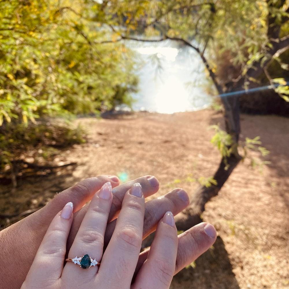 Pear shaped Moss Agate Engagement ring set Vintage marquise cut moissanite wedding band Rose gold Cluster Unique Bridal set Anniversary gift