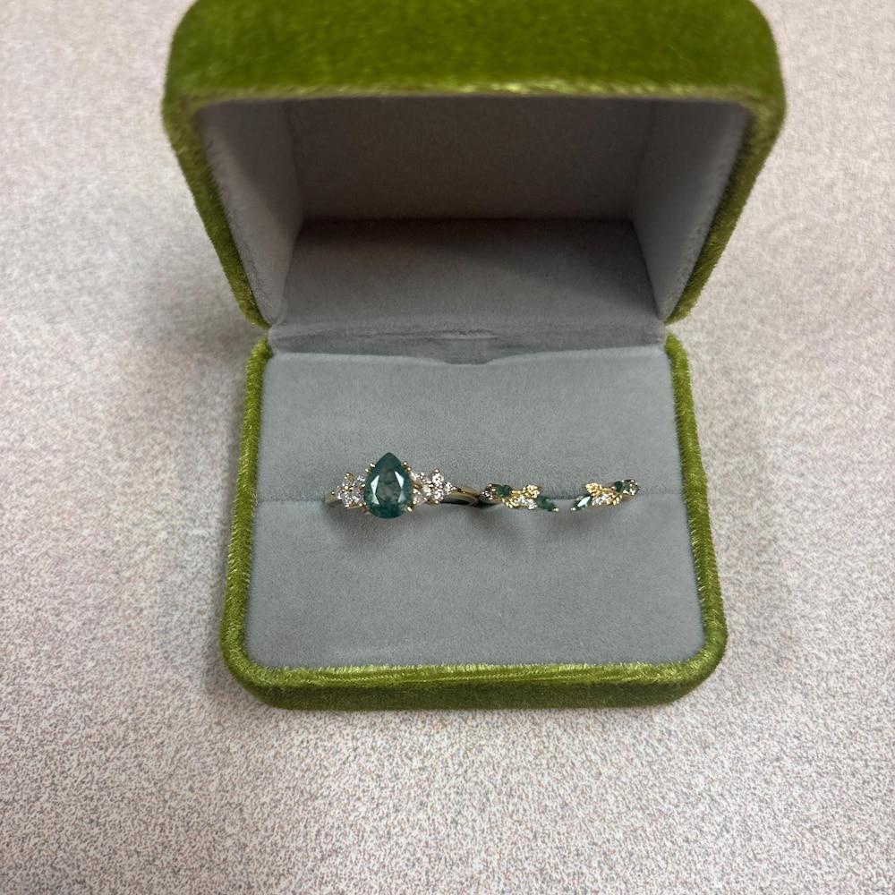Pear shaped Moss Agate Engagement ring set Vintage marquise cut moissanite wedding band Rose gold Cluster Unique Bridal set Anniversary gift