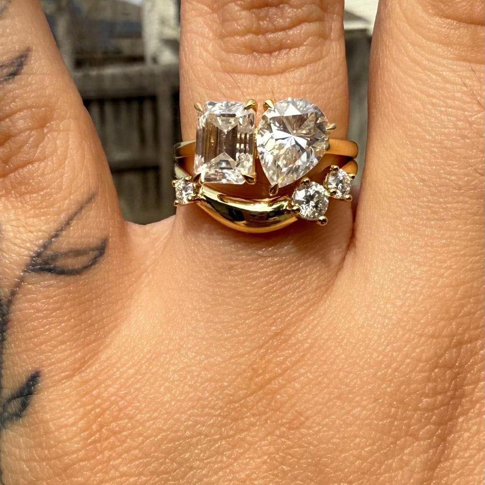 Curved Wedding Band, Ring with Scattered Simulated Round Diamond, Chunky Fluid curved Band Gold Vermeil Sterling Silver Ring, Stackable Band