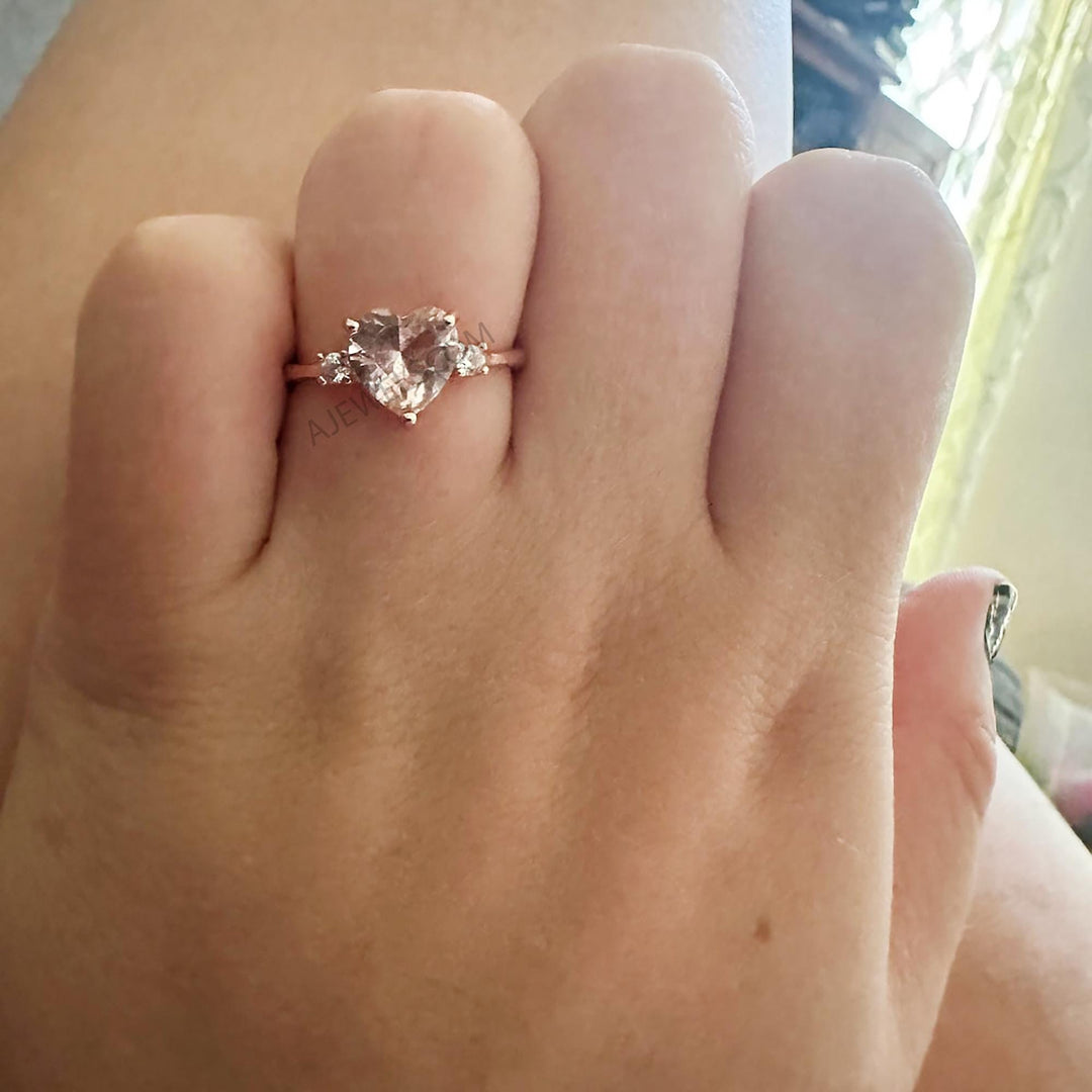 Heart Cut Morganite Engagement Ring, 2 carats 8*8 mm Heart Shaped Morganite Solitaire Ring, Morganite Three Stone Ring, Pink Gemstone Ring