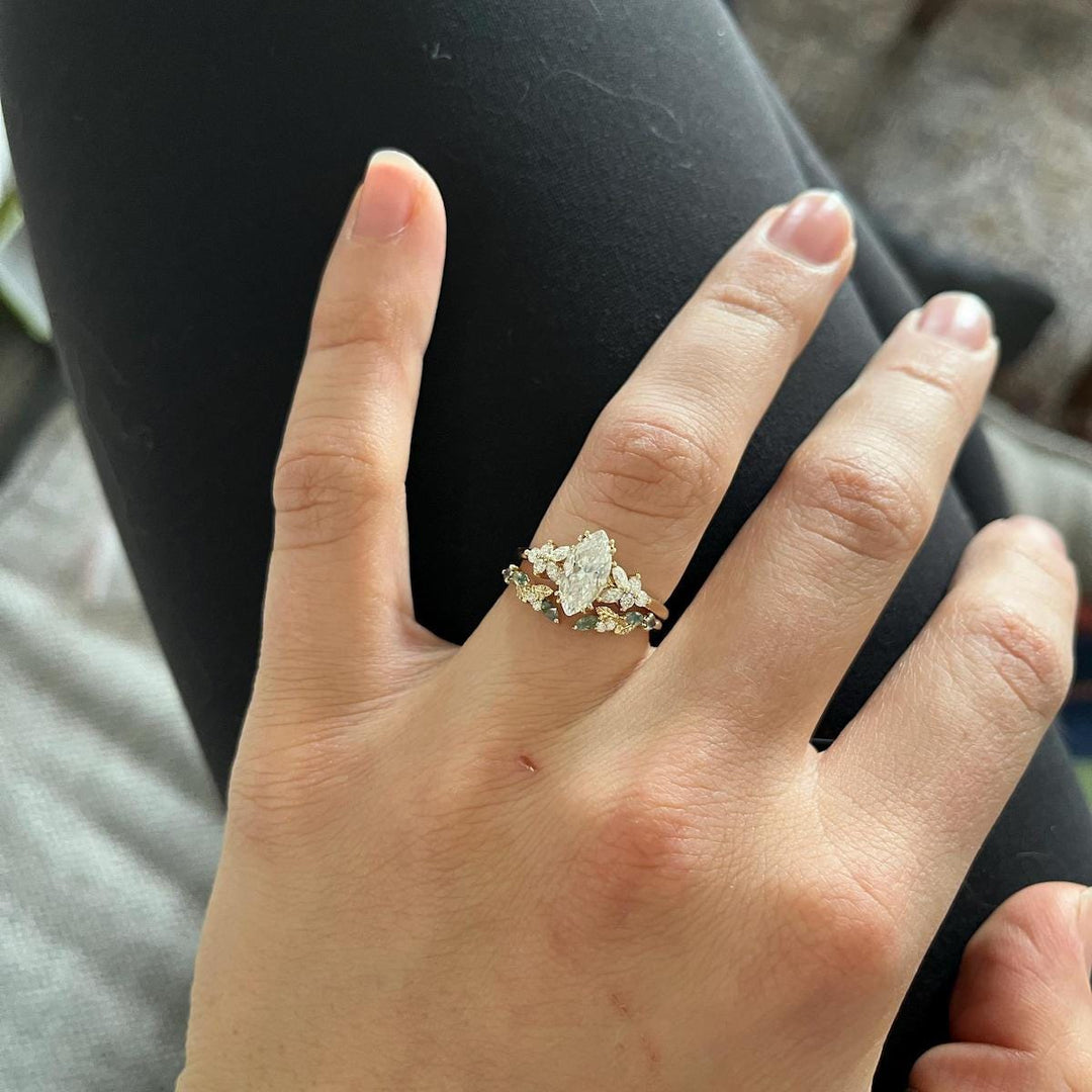 Marquise cut Moissanite Engagement ring set Vintage moss agate wedding band Rose gold Cluster shank Unique leaf Bridal set Anniversary gifts