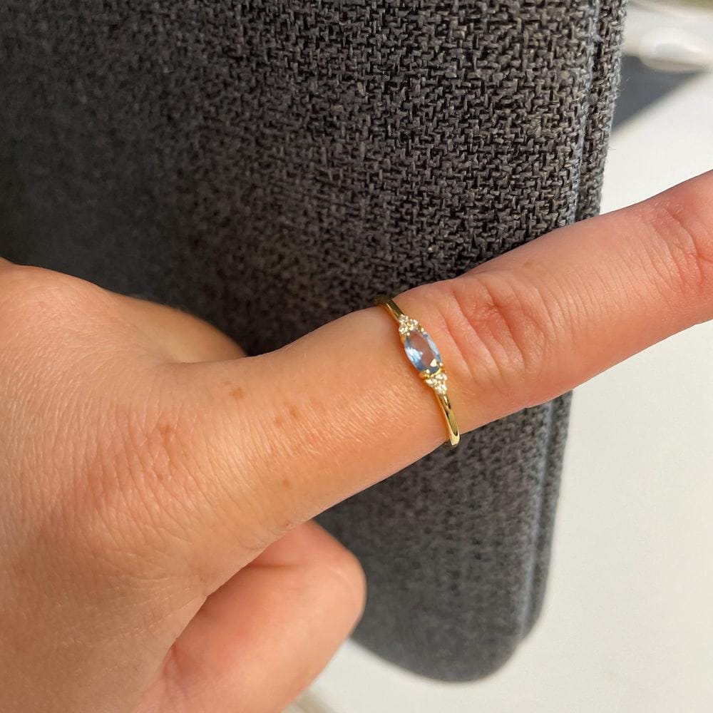 Minimal Oval Cut ring - Teal Blue stone or Clear CZ Stone - Dainty Stacking Ring - Promise Ring 14K Gold Vermeil over Sterling Silver