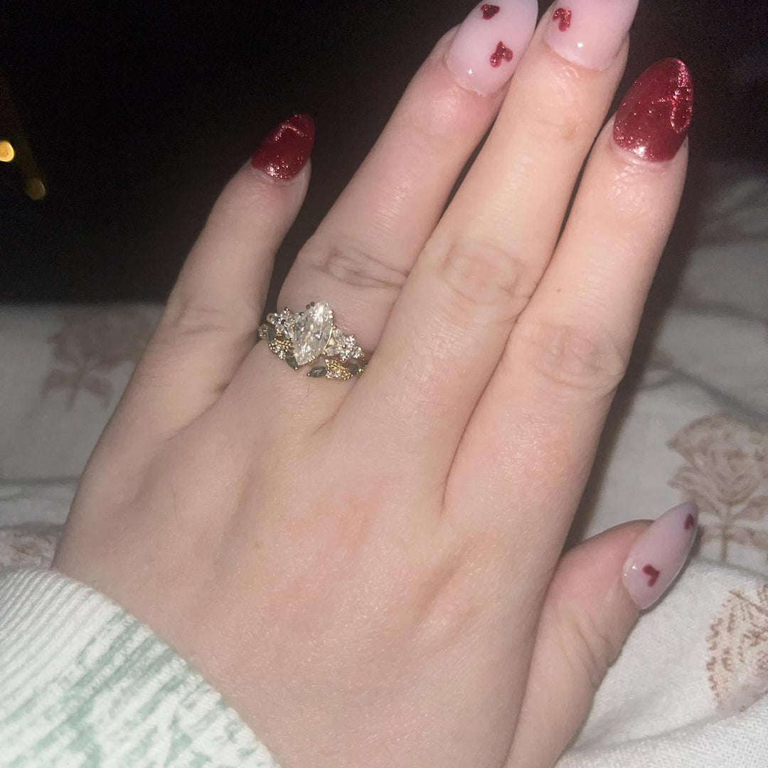 Marquise cut Moissanite Engagement ring set Vintage moss agate wedding band Rose gold Cluster shank Unique leaf Bridal set Anniversary gifts