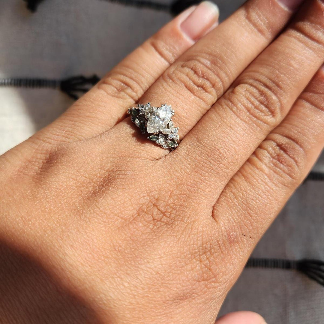 Marquise cut Moissanite Engagement ring set Vintage moss agate wedding band Rose gold Cluster shank Unique leaf Bridal set Anniversary gifts