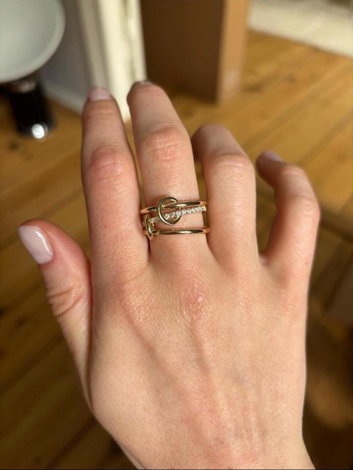Bellanca Diamond Connected Stacker Gold Linked Spinner Ring, Handmade 925 Sterling Silver and 14K Yellow Gold Handmade Spinner Ring