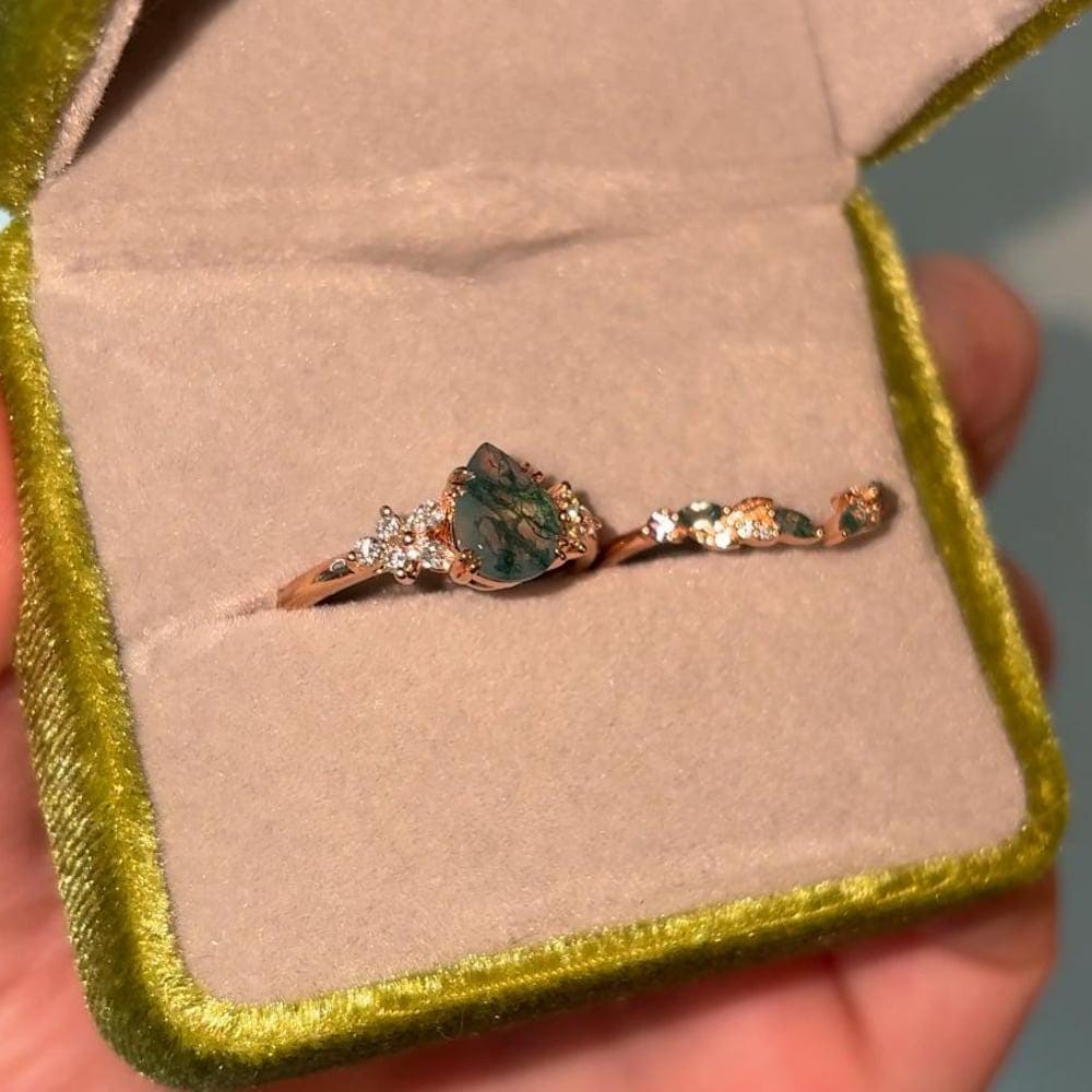 Pear shaped Moss Agate Engagement ring set Vintage marquise cut moissanite wedding band Rose gold Cluster Unique Bridal set Anniversary gift