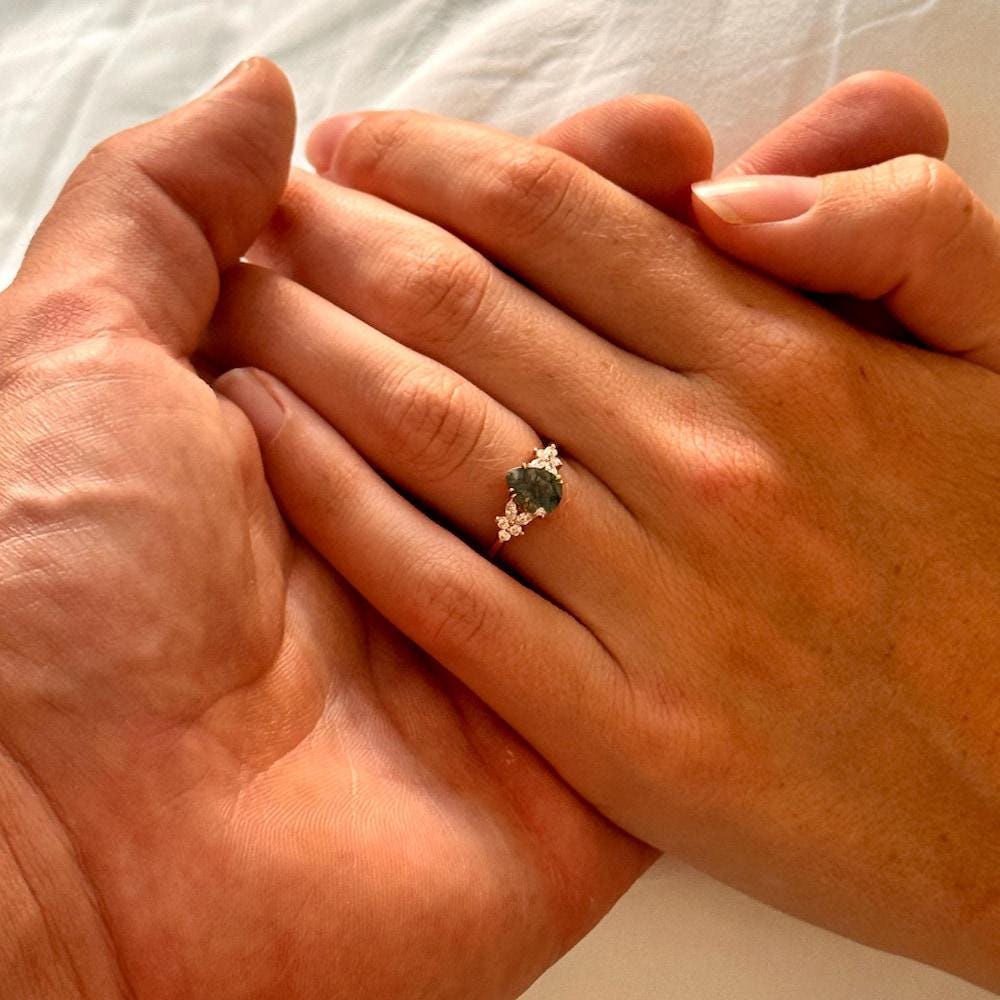 Pear shaped Moss Agate Engagement ring set Vintage marquise cut moissanite wedding band Rose gold Cluster Unique Bridal set Anniversary gift