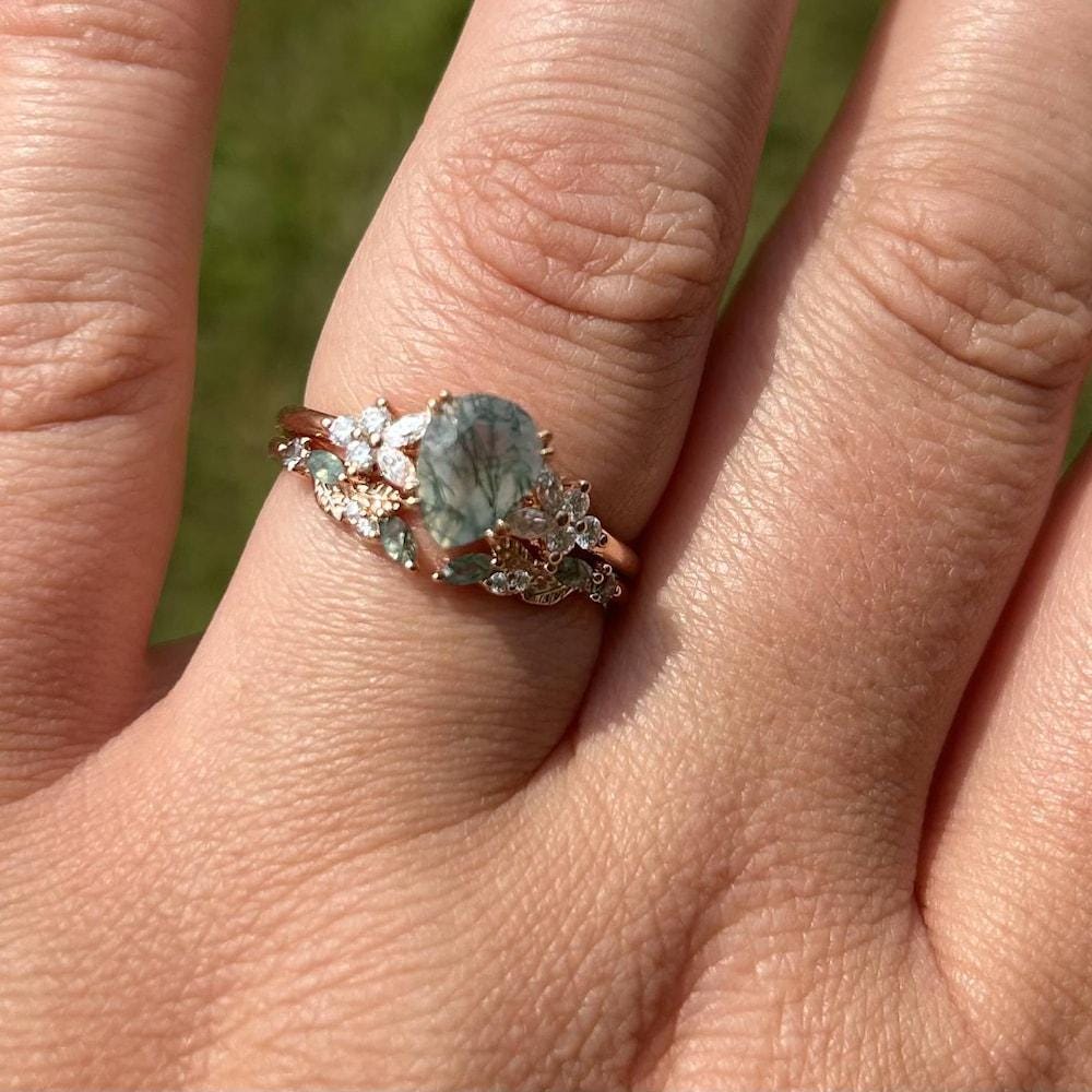 Pear shaped Moss Agate Engagement ring set Vintage marquise cut moissanite wedding band Rose gold Cluster Unique Bridal set Anniversary gift