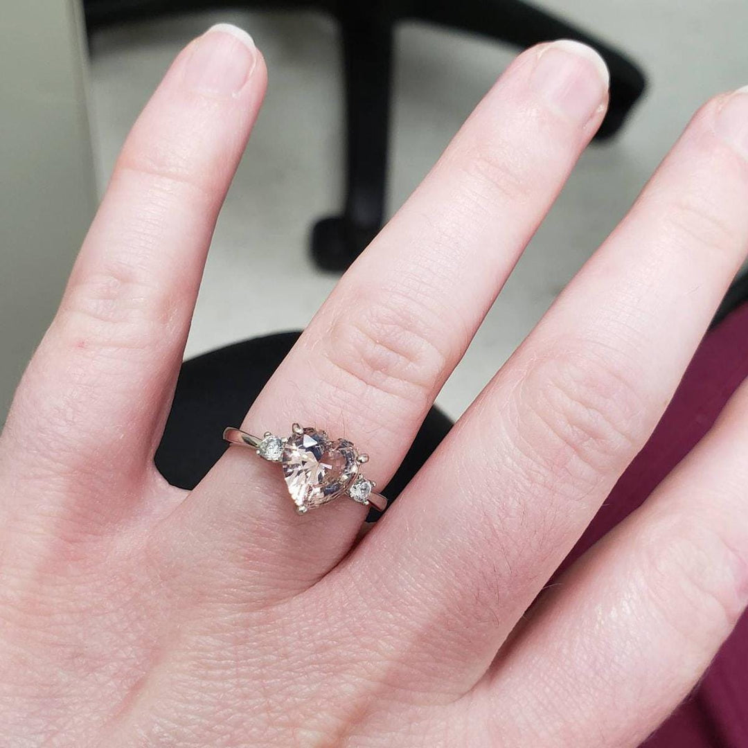 Heart Cut Morganite Engagement Ring, 2 carats 8*8 mm Heart Shaped Morganite Solitaire Ring, Morganite Three Stone Ring, Pink Gemstone Ring