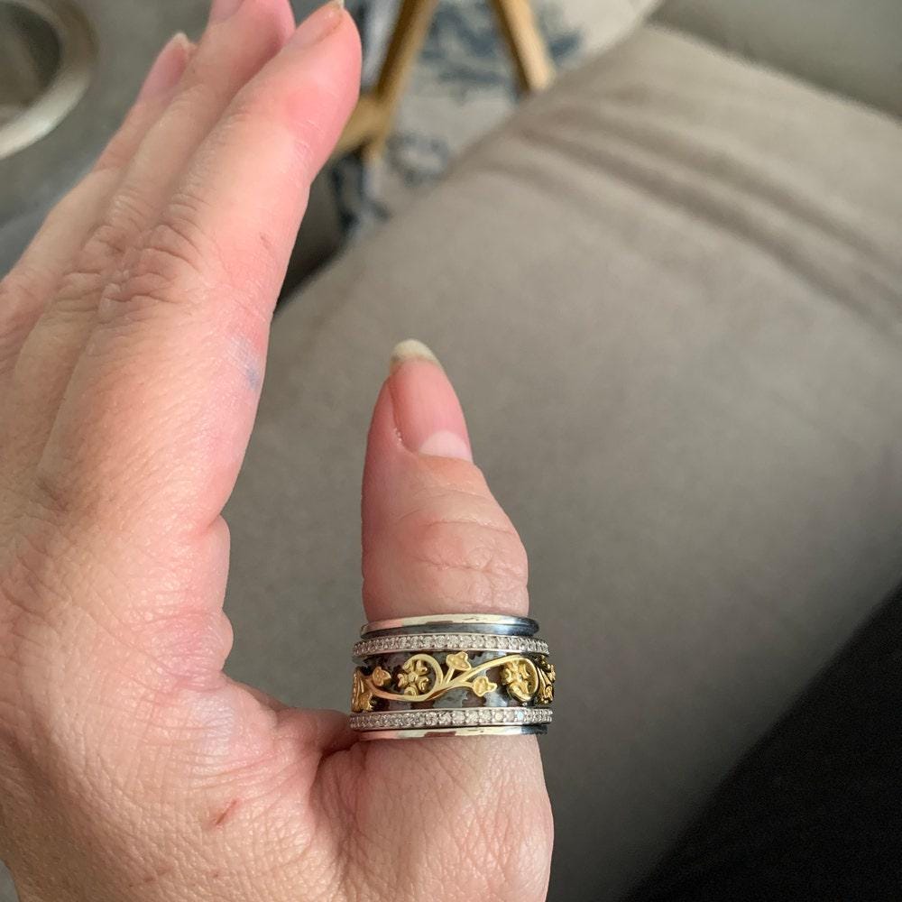 Handmade, Unique, & Hypoallergenic 925 Sterling Silver and 14K Yellow Gold Mixed Metal Anxiety Floral Spinner Ring Two Tone Meditation Ring