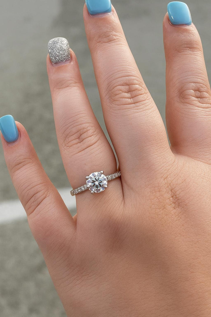 Pave Set Side-Stone Round Moissanite Engagement Ring / 14k Solid Gold Moissanite Ring for Women / 1, 1.5, 2 CT Promise Ring