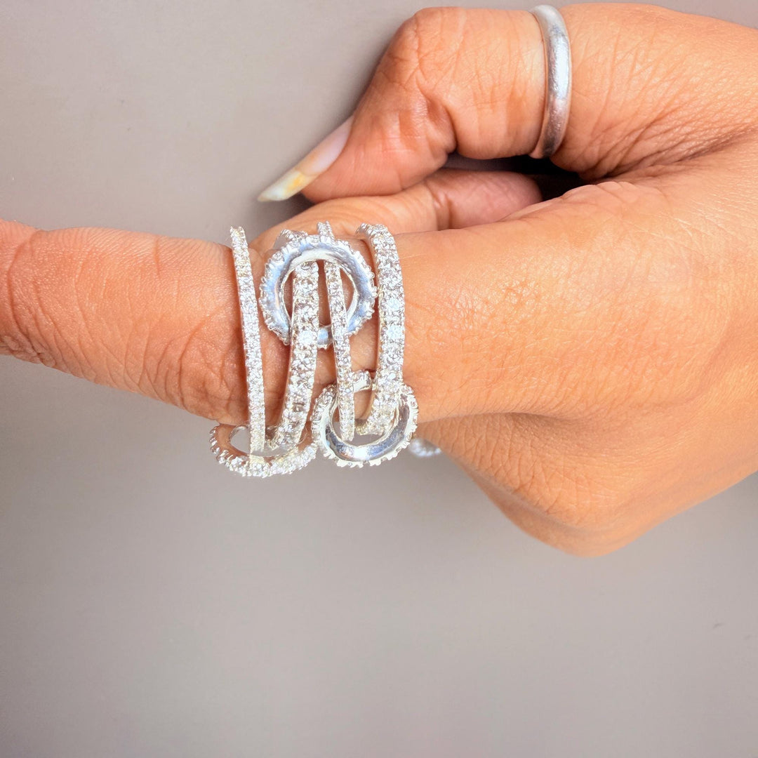14K Gold Multi Link Connected Ring, Gold Linked Ring Set Statement Eternity Ring, Chunky Gold Connector Ring, Multi Link Connected Ring