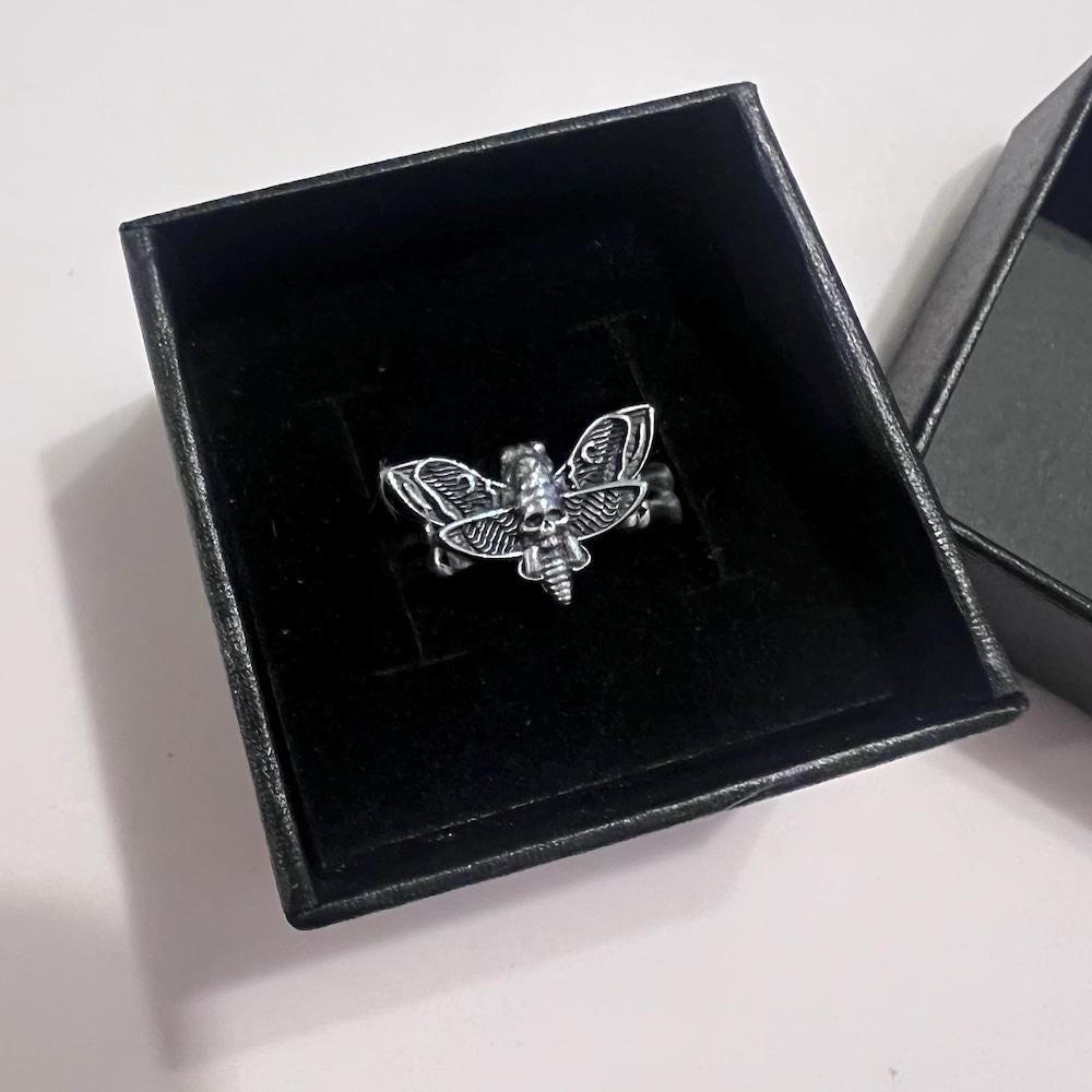 Skeleton Moth Ring Sterling silver Handmade solid S925 Unique punk gothic goth biker men's vintage Ring Memorial jewelry Gift for her him
