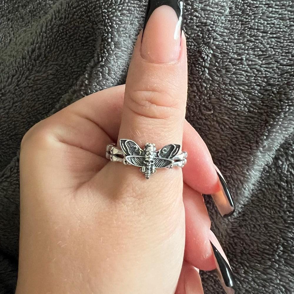 Skeleton Moth Ring Sterling silver Handmade solid S925 Unique punk gothic goth biker men's vintage Ring Memorial jewelry Gift for her him
